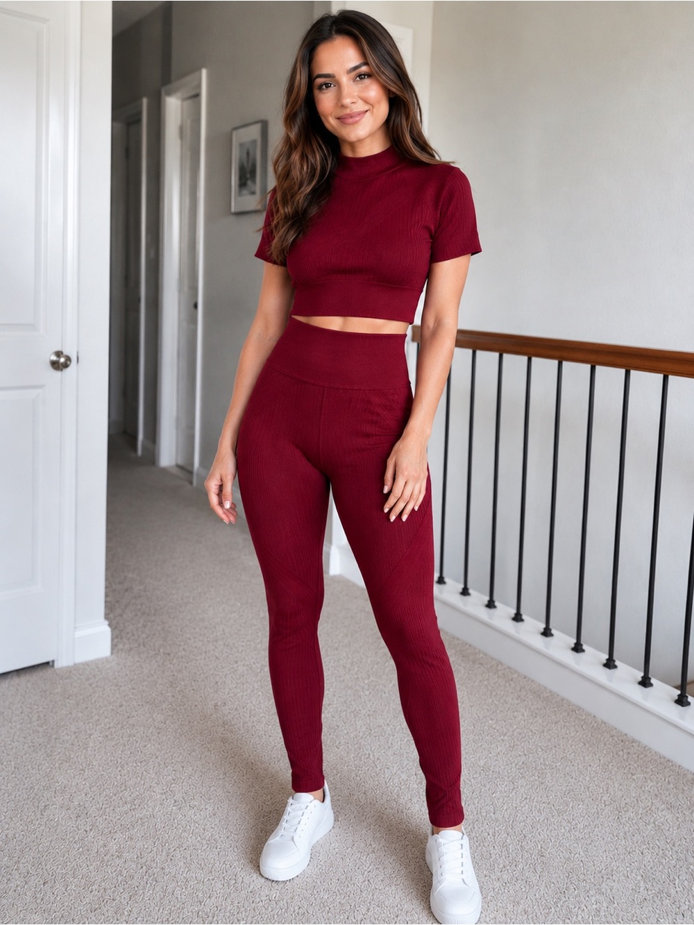 High-Waist Ribbed Leggings & Crop Top Set - Burgundy